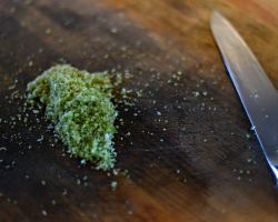 Diced leeks, Full Belly Farm kitchen; Guinda, CA